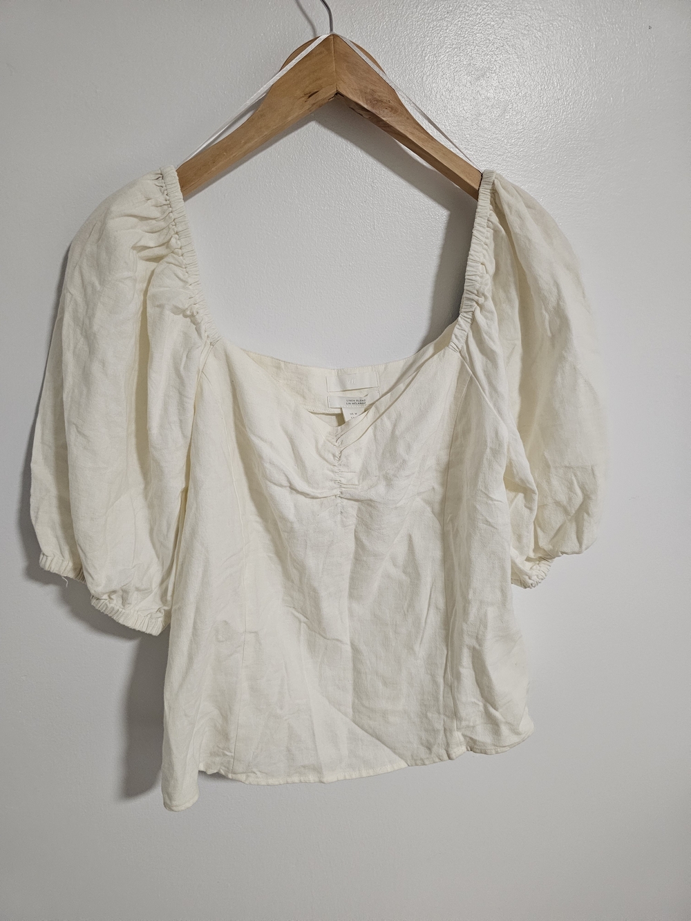 H&M Cream Puff Sleeve Square Neck Blouse Top Linen Blend Size Medium